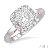 3/4 ctw Cushion Shape Lovebright Round Cut Diamond Ring in 14K White and Rose Gold